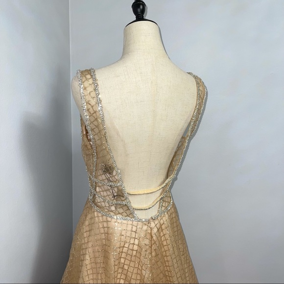 # Mac Duggal Gold Sequin Illusion Neck A Line Gown - Picture 8 of 17